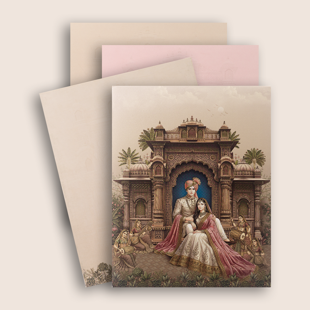 Beige Royal Bride Groom Padded Wedding Card - KAA05780