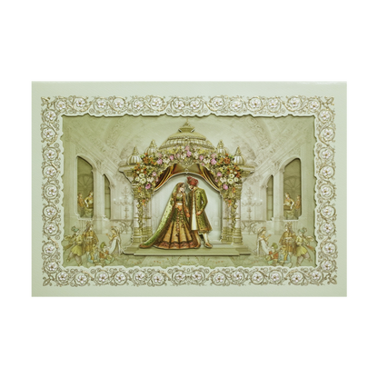 Green Gold Royal Palace Bride &amp; Groom Padded Wedding Card - KMMEX8080