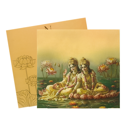Gold Vishnu Lakshmi Lotus Padded Wedding Card-KBM05170