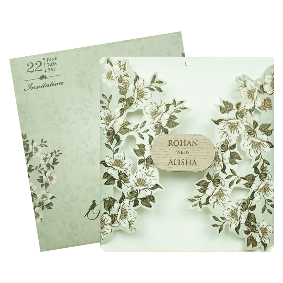 Mint Green White Floral Laser Cut Wedding Card-KFR16170