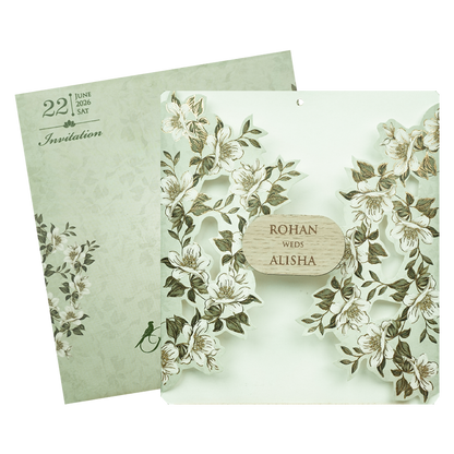 Mint Green White Floral Laser Cut Wedding Card-KFR16170