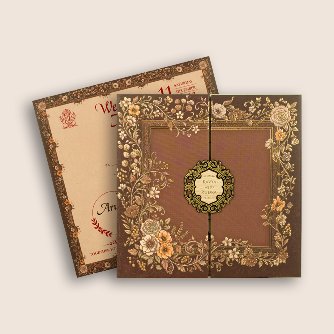 Brown Embossed Floral Door Style Padded Wedding Card - KSH18720