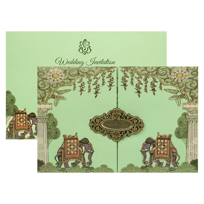 Green Royal Elephant Padded Wedding Card-KJTS3671
