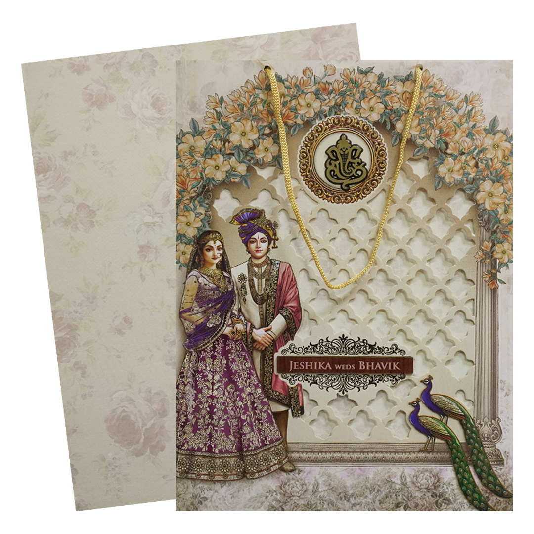 Cream Floral Laser Cut Royal Couple Wedding Card - KSH73190