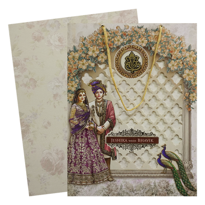 Cream Floral Laser Cut Royal Couple Wedding Card - KSH73190