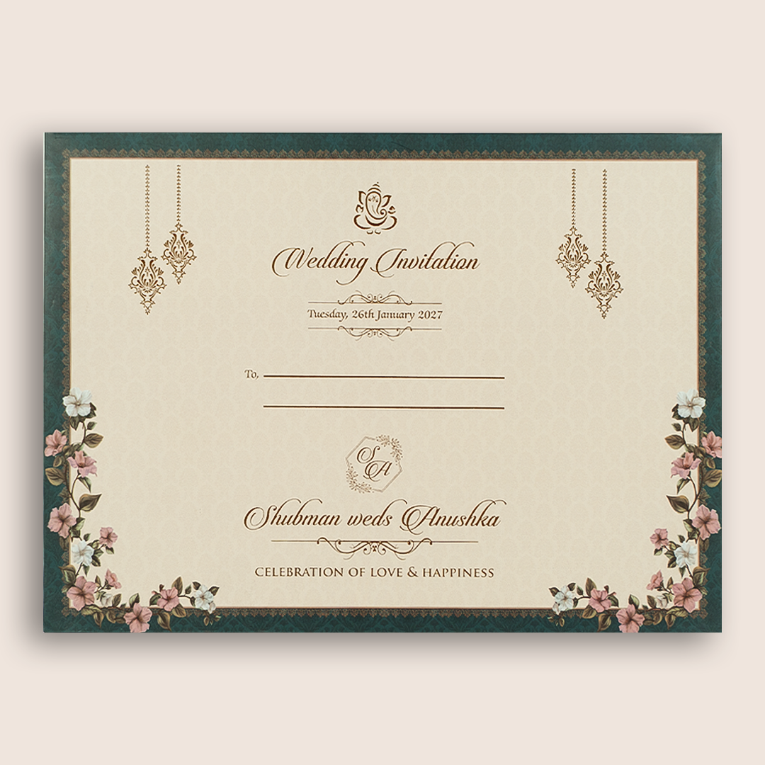 Teal Green Floral Laser Cut Padded Wedding Invitation - KRB10690