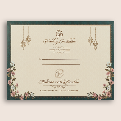 Teal Green Floral Laser Cut Padded Wedding Invitation - KRB10690