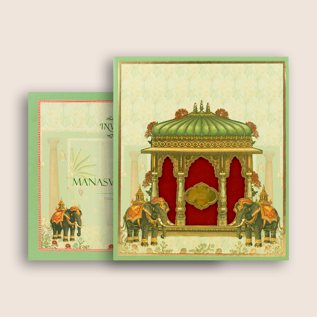 Green Padded Elephant Laser Cut Wedding Card - KVN08090