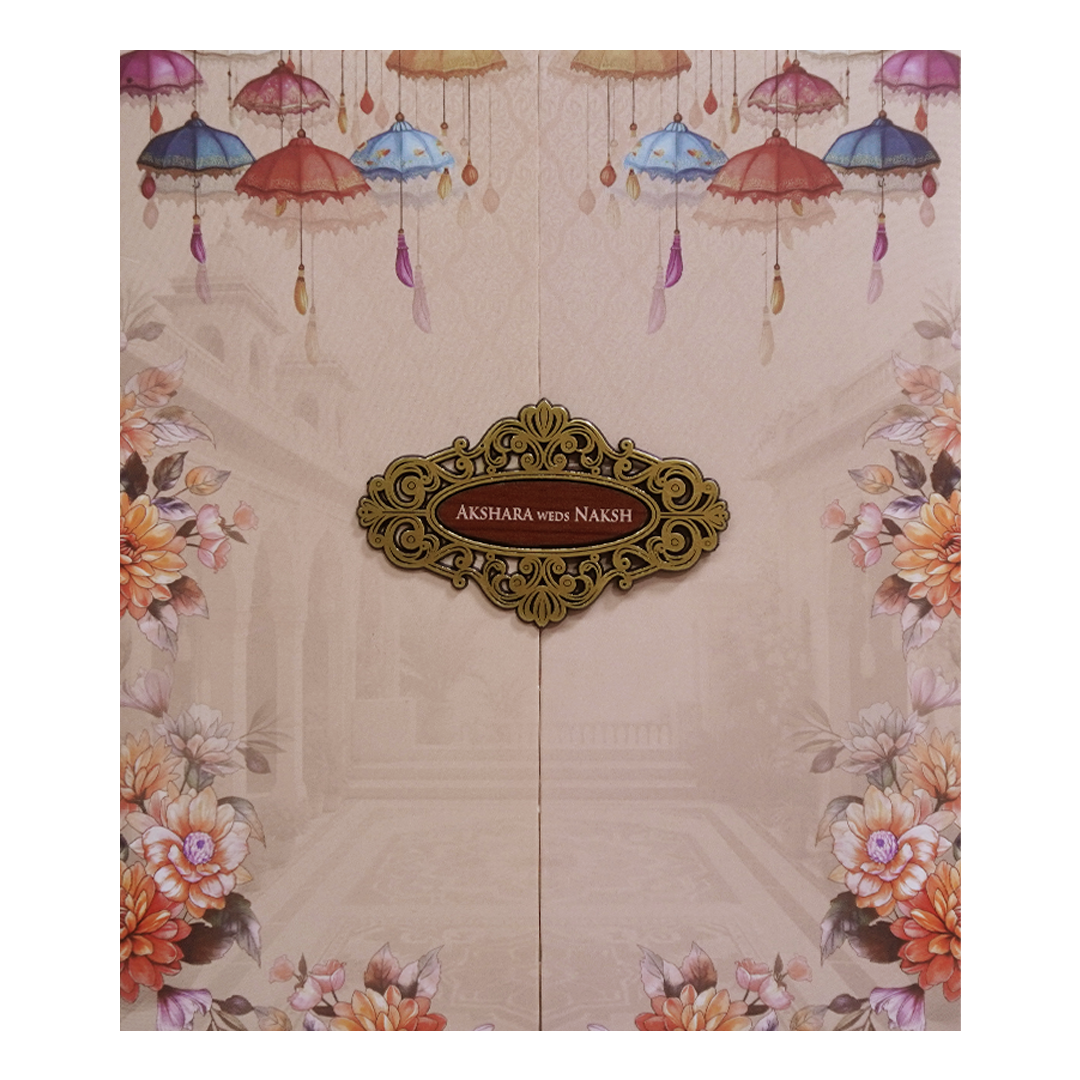 Cream Umbrella Floral Door Wedding Invitation Card - KVN07630