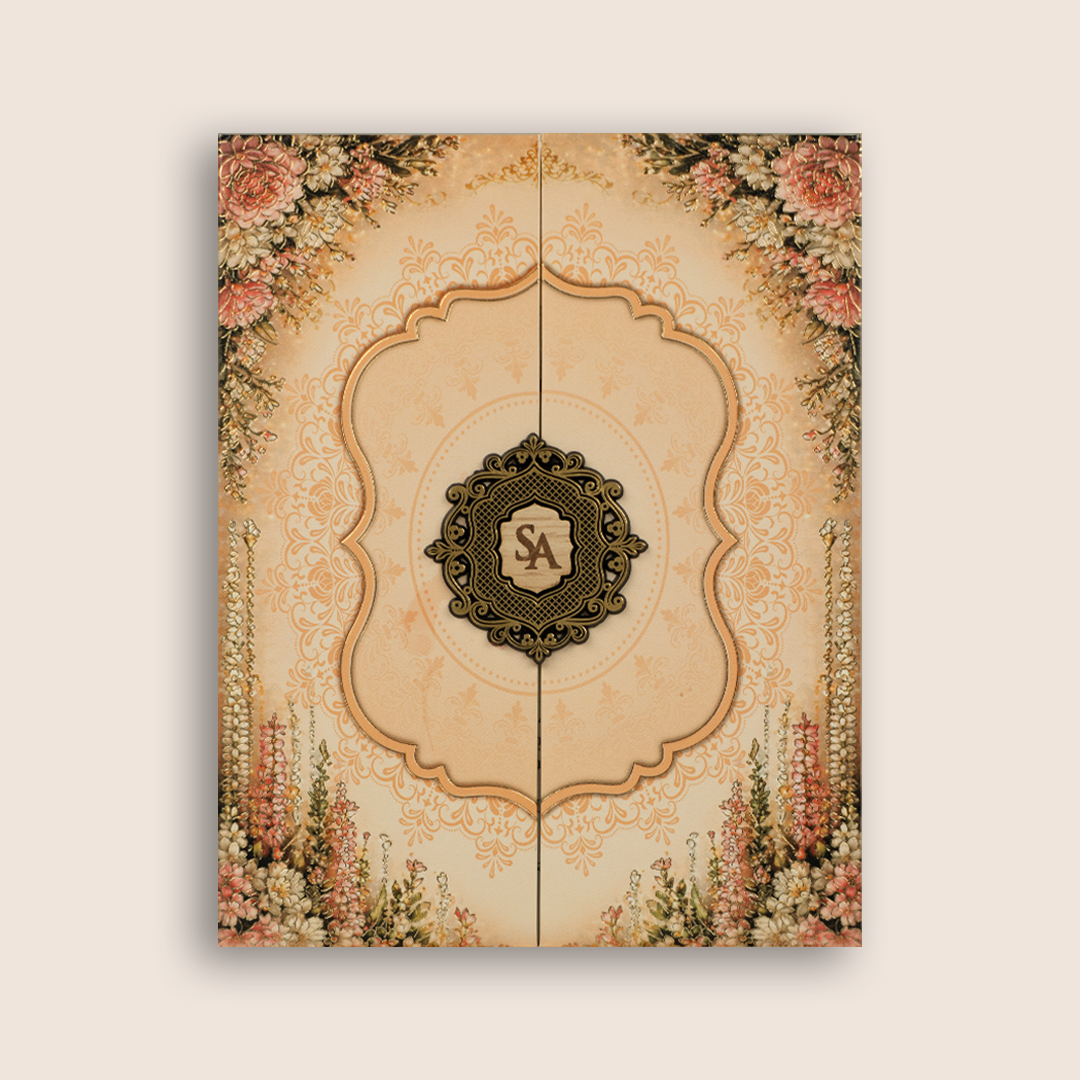 Peach Floral Door Style Padded Wedding Card - KPR07310