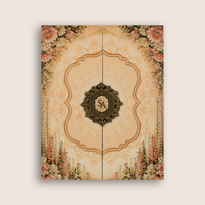 Peach Floral Door Style Padded Wedding Card - KPR07310