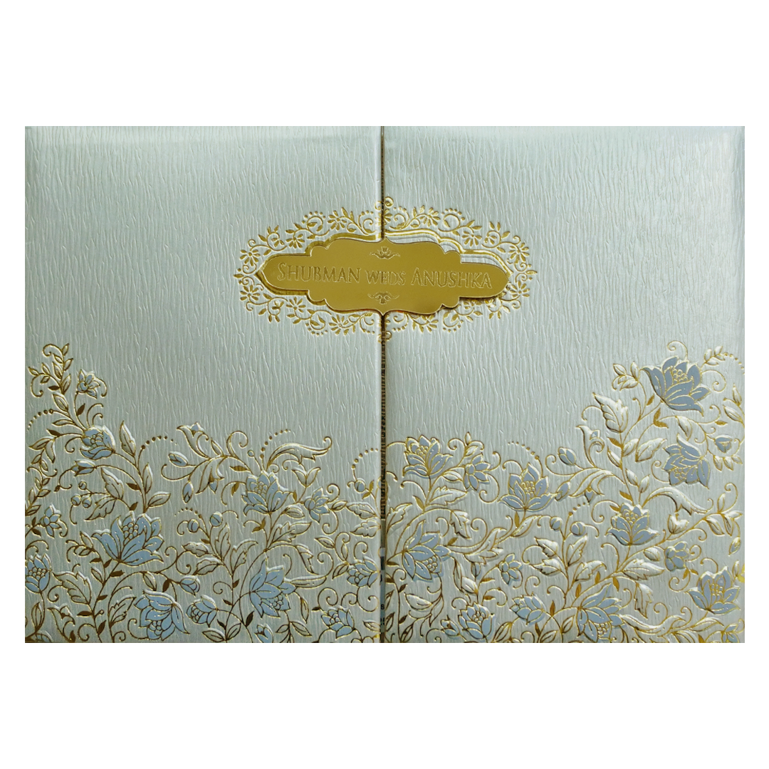 Light Grey Padded Door Style Embossed Gold Foil Wedding Invitation Card-KRB09760