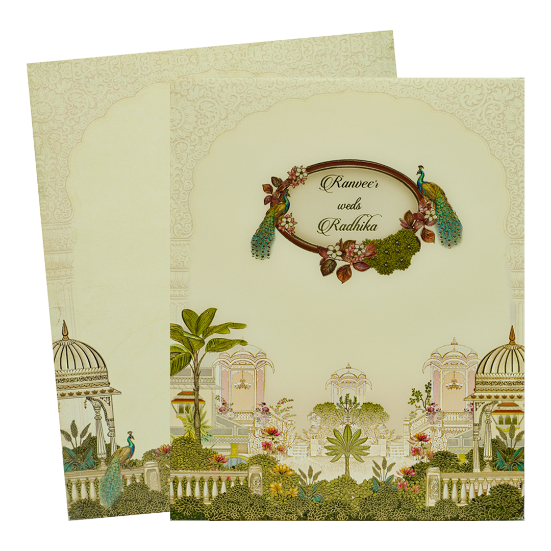 Cream Peacock Jharokha Padded Premium Wedding Card - KAK01370
