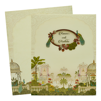 Cream Peacock Jharokha Padded Premium Wedding Card - KAK01370