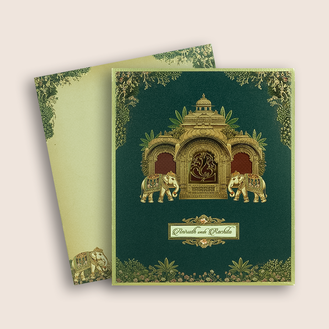 Green Elephant Jharokha Padded Wedding Card - KAA05840