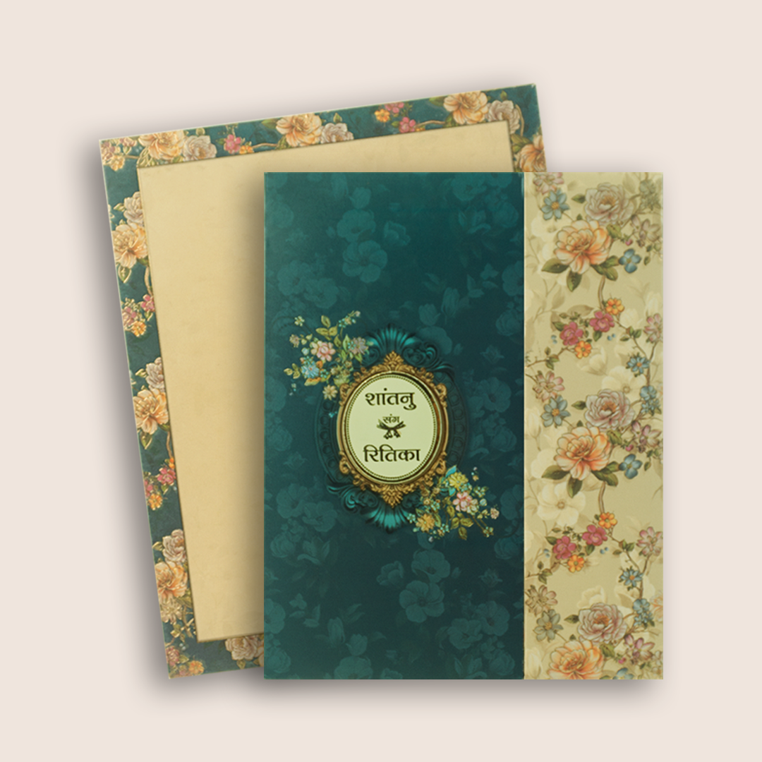 Blue Rose Floral Padded Door Style Wedding Card - KAA05630
