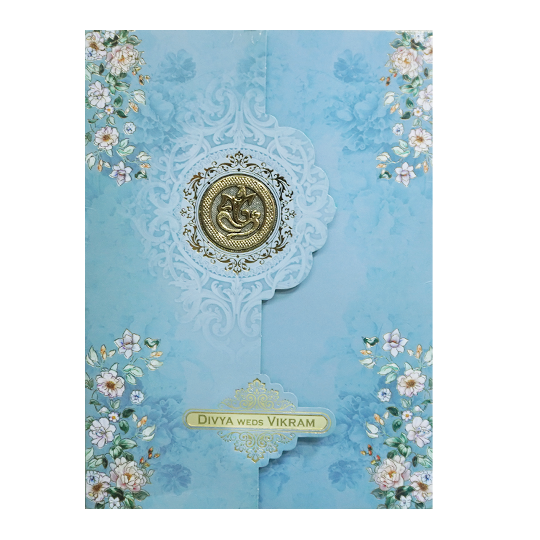Blue Floral Ganesha Double Door Wedding Card - KNLY6103