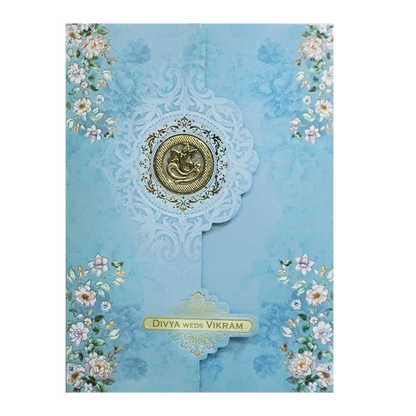 Blue Floral Ganesha Double Door Wedding Card - KNLY6103