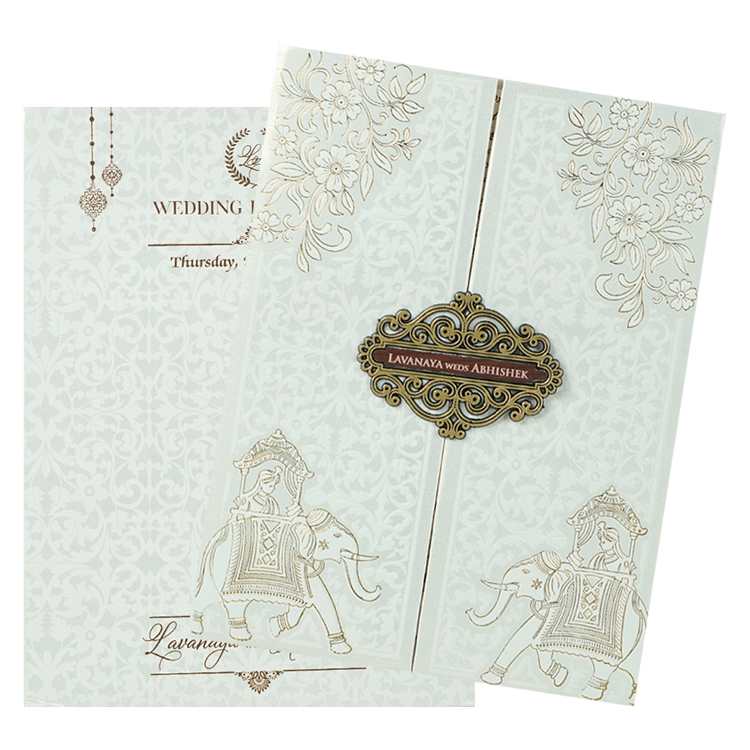 White Floral Royal Elephant Padded Wedding Card-KRE26370