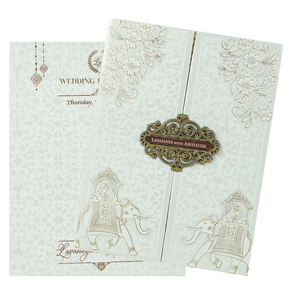 White Floral Royal Elephant Padded Wedding Card-KRE26370