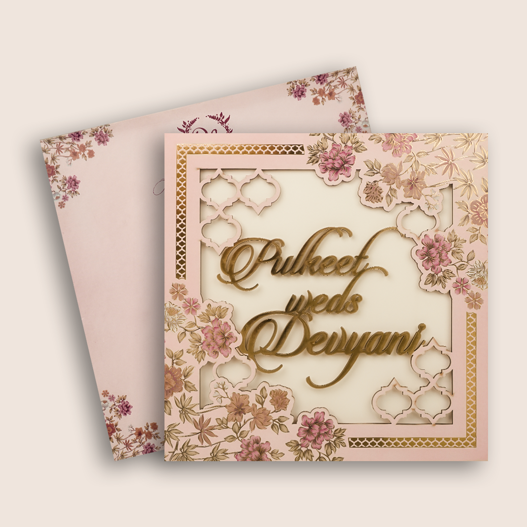 Pink Floral MDF Laser Cut Invitation Card - KJTS1747