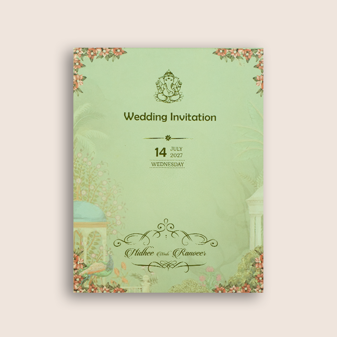 Green Floral Peacock Padded Wedding Card - KVN07710