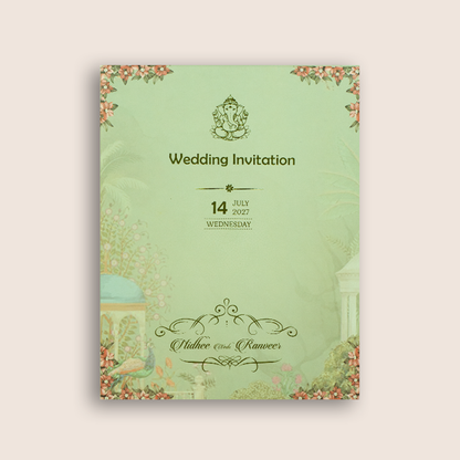 Green Floral Peacock Padded Wedding Card - KVN07710