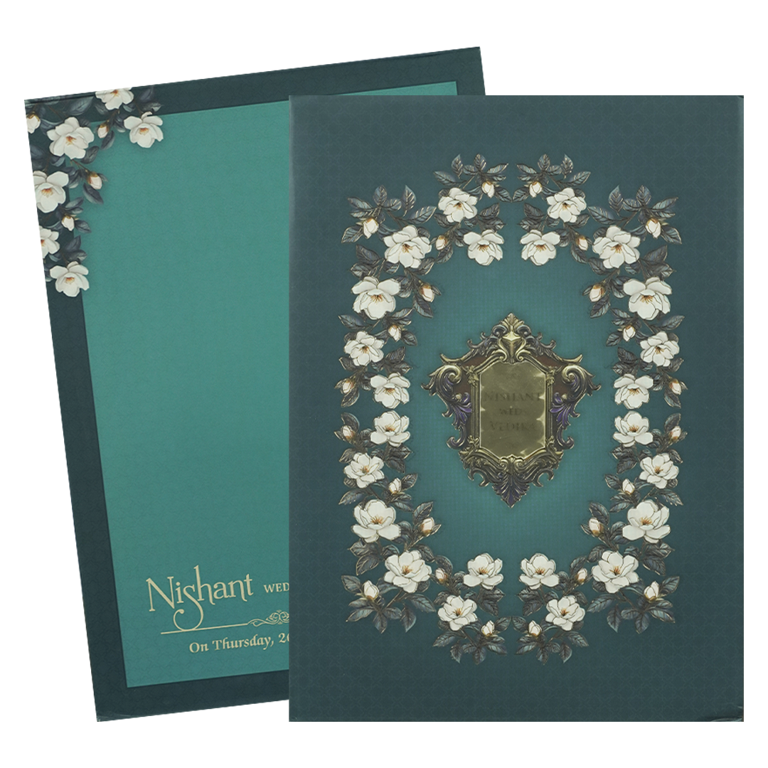 Blue Floral Gold Frame Padded Wedding Card-KRE27970