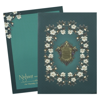 Blue Floral Gold Frame Padded Wedding Card-KRE27970