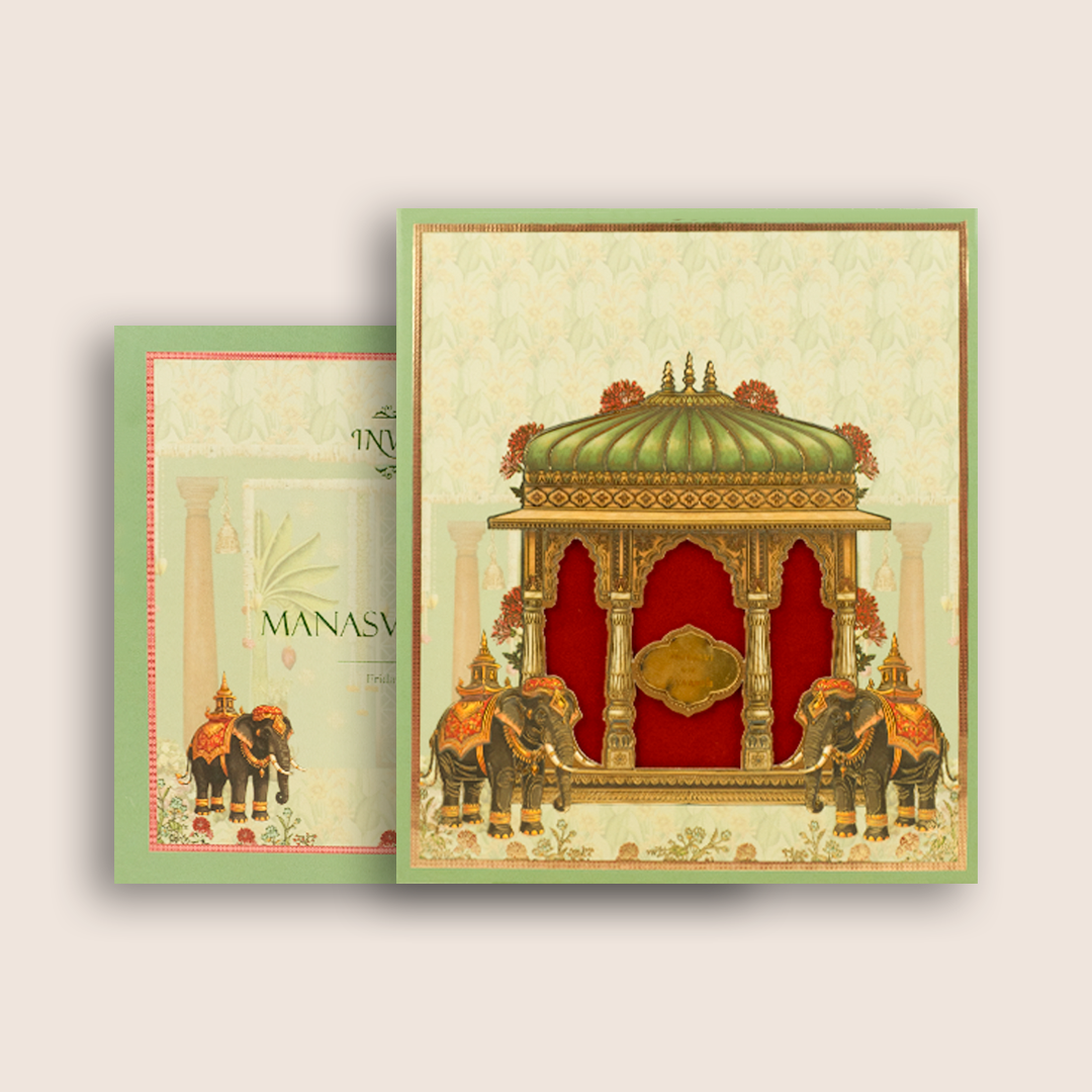 Green Padded Elephant Laser Cut Wedding Card - KVN08090