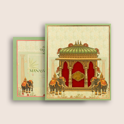 Green Padded Elephant Laser Cut Wedding Card - KVN08090