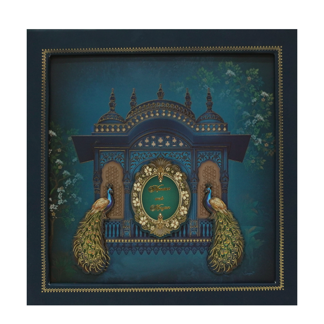 Royal Blue Gold Palace Peacock Padded Wedding Card - KMMEX8020