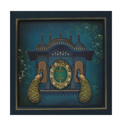 Royal Blue Gold Palace Peacock Padded Wedding Card - KMMEX8020