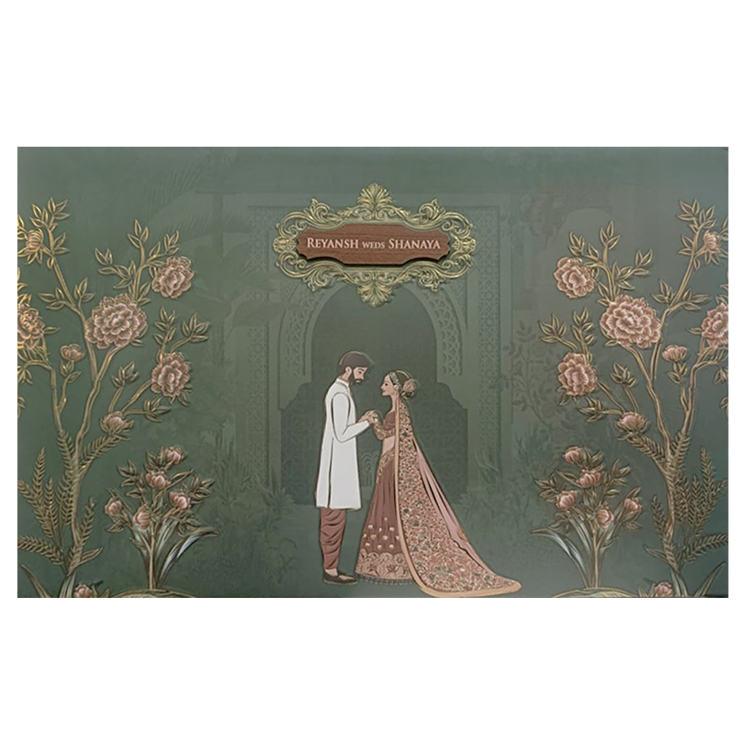 Dark Green Floral Arch Padded Couple Wedding Card - KVN07640