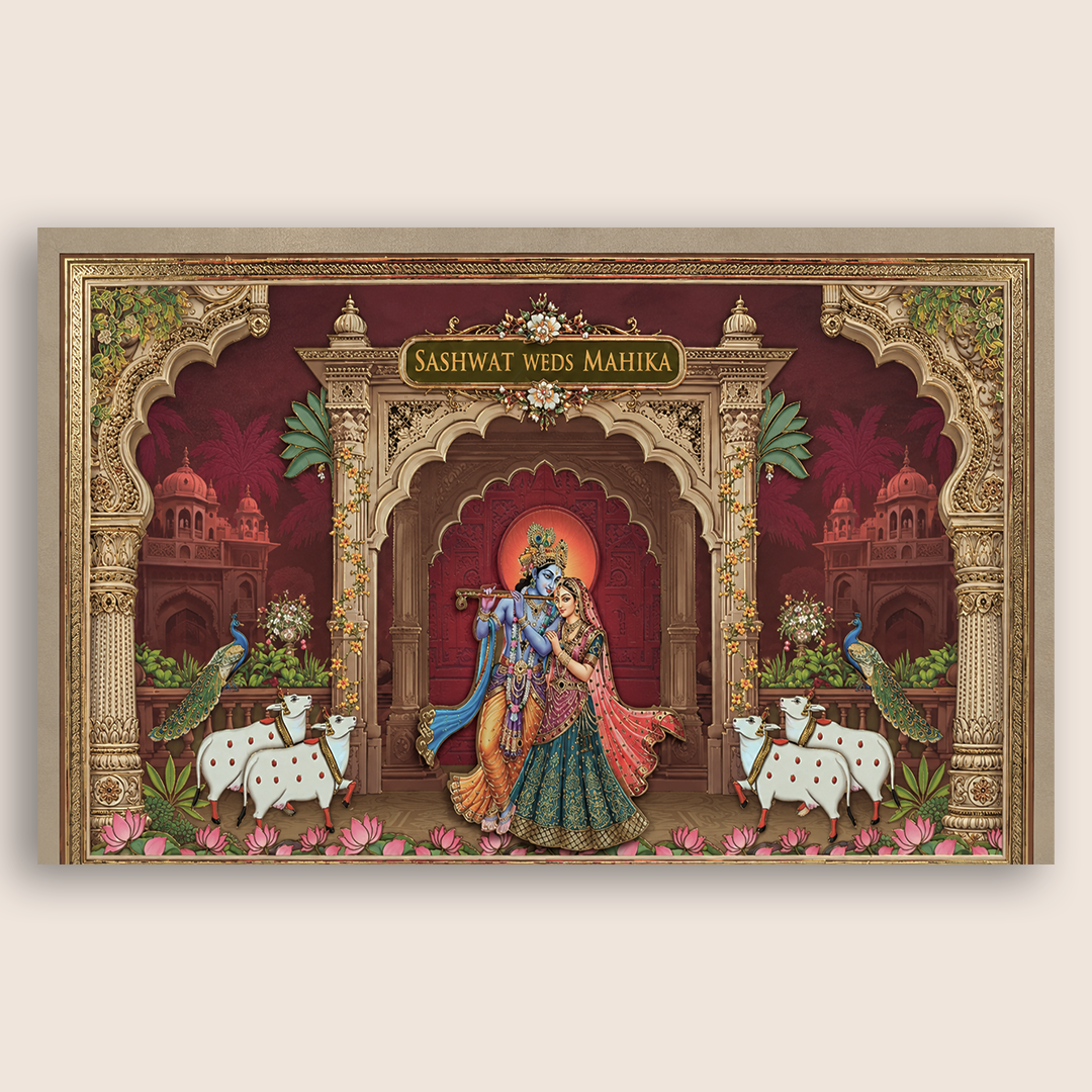 Wine Lord Radha Krishna Padded Wedding Card - KRE28810
