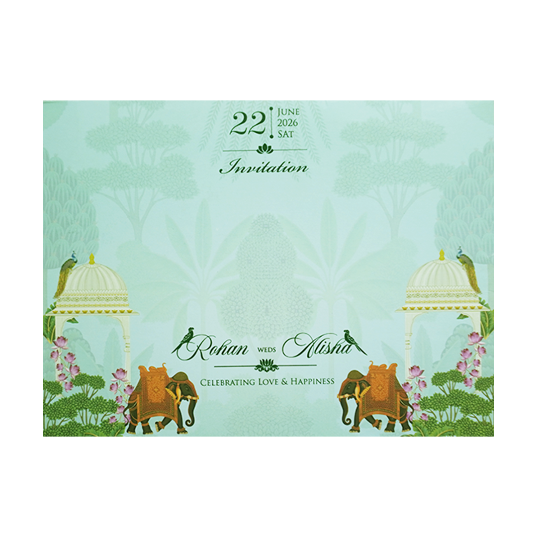 Pastel Green Embossed Elephant Padded Marriage Card - KFR15330