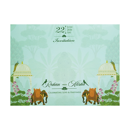 Pastel Green Embossed Elephant Padded Marriage Card - KFR15330