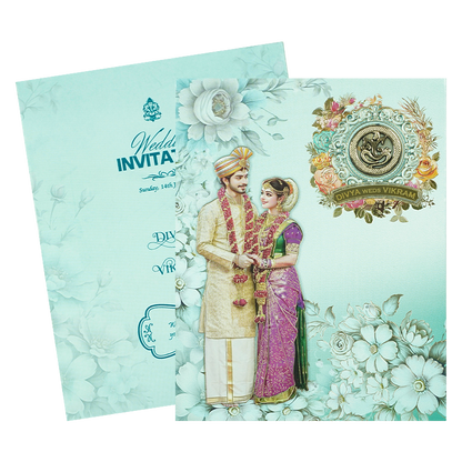 Blue Floral Couple Padded Wedding Card-KNMO9314