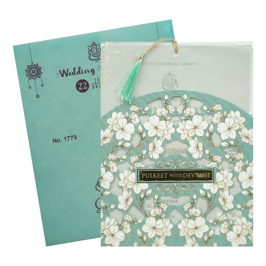 Blue Floral Laser Cut Wedding Card-KJTS1779