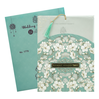 Blue Floral Laser Cut Wedding Card-KJTS1779