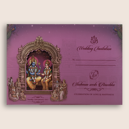 Purple Lord Lakshmi Narayan Padded Wedding Invitation Card - KRB10790