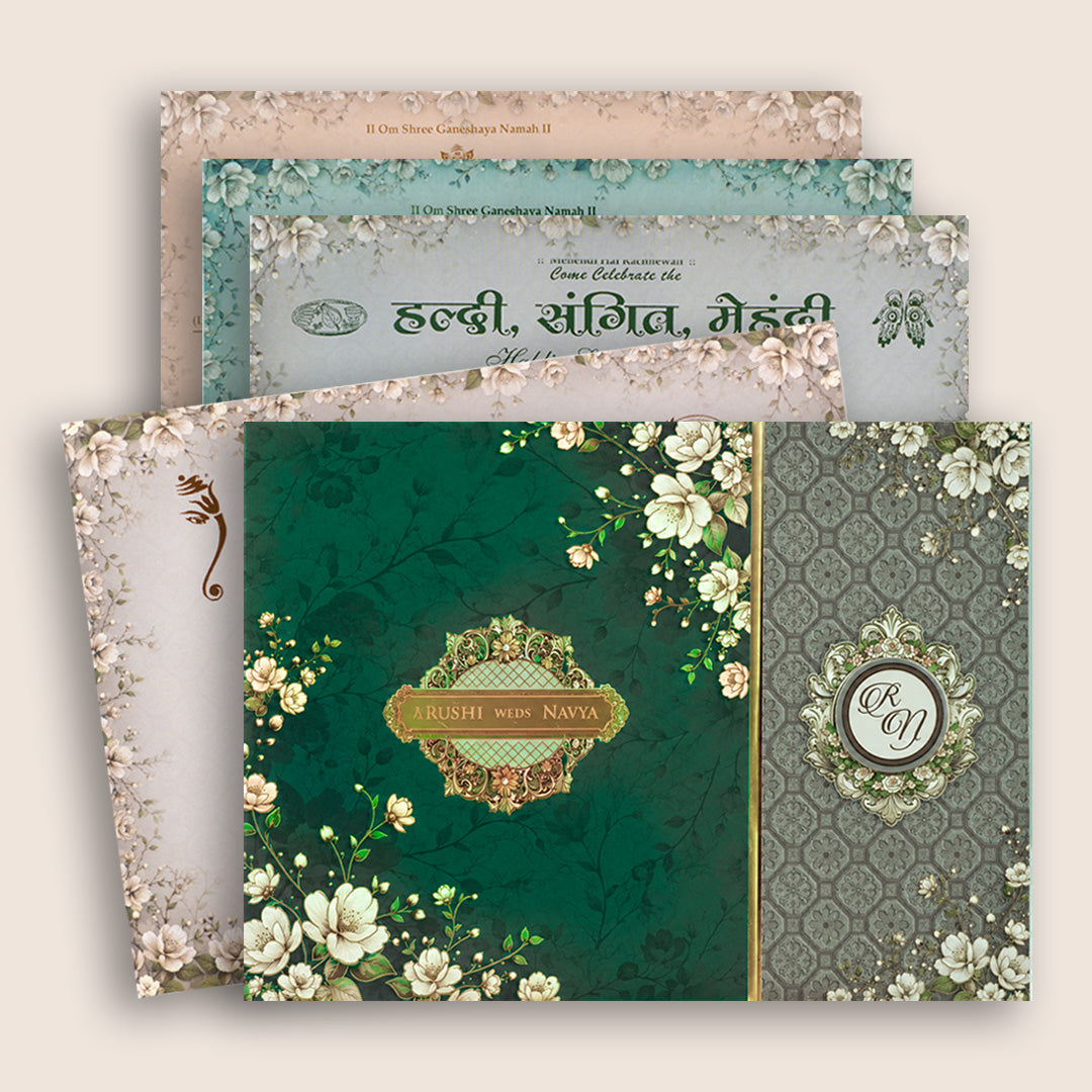 Green Floral Padded Door Style Wedding Card - KSH27030
