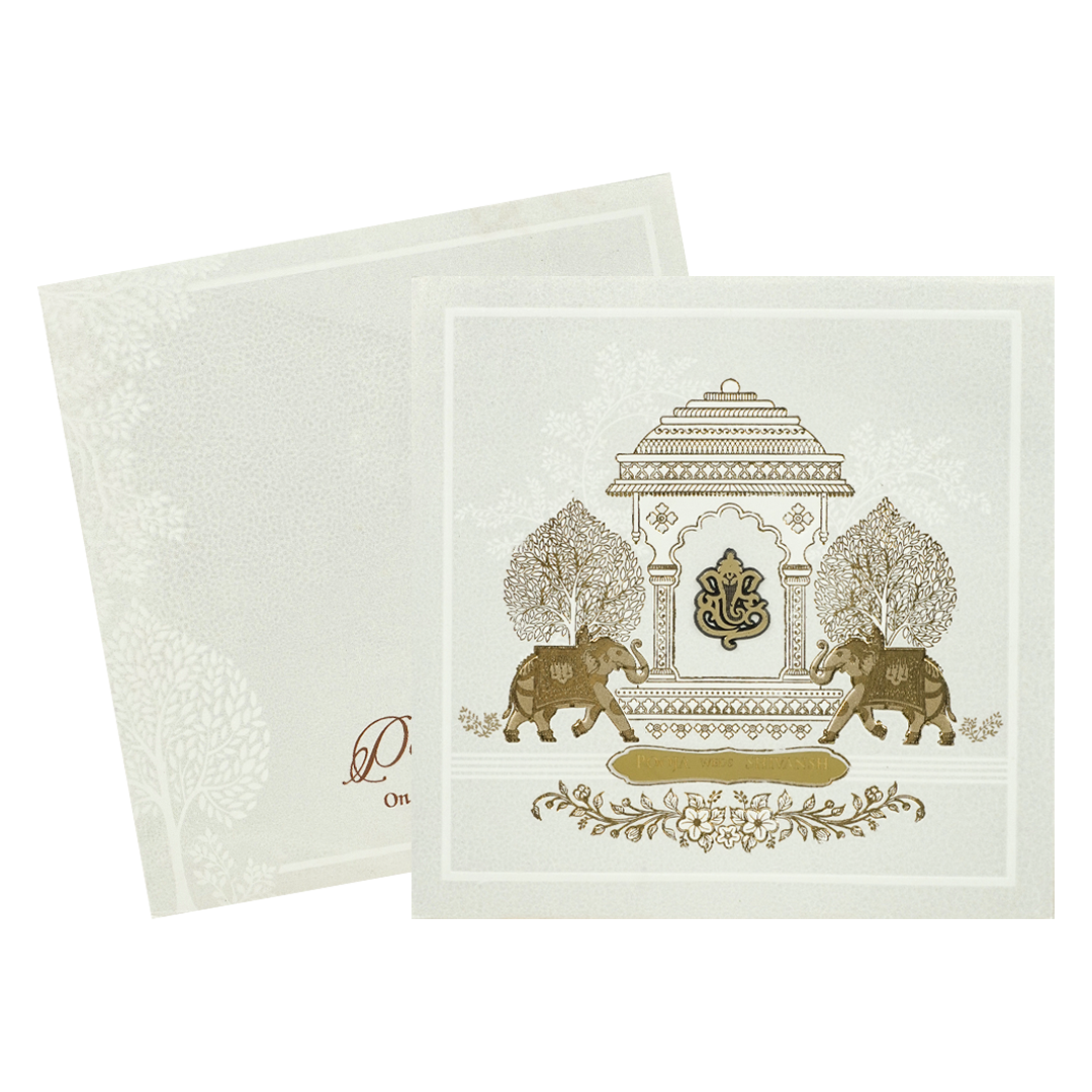 White Ganesha Palace Padded Wedding Card-KRE27550