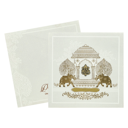 White Ganesha Palace Padded Wedding Card-KRE27550