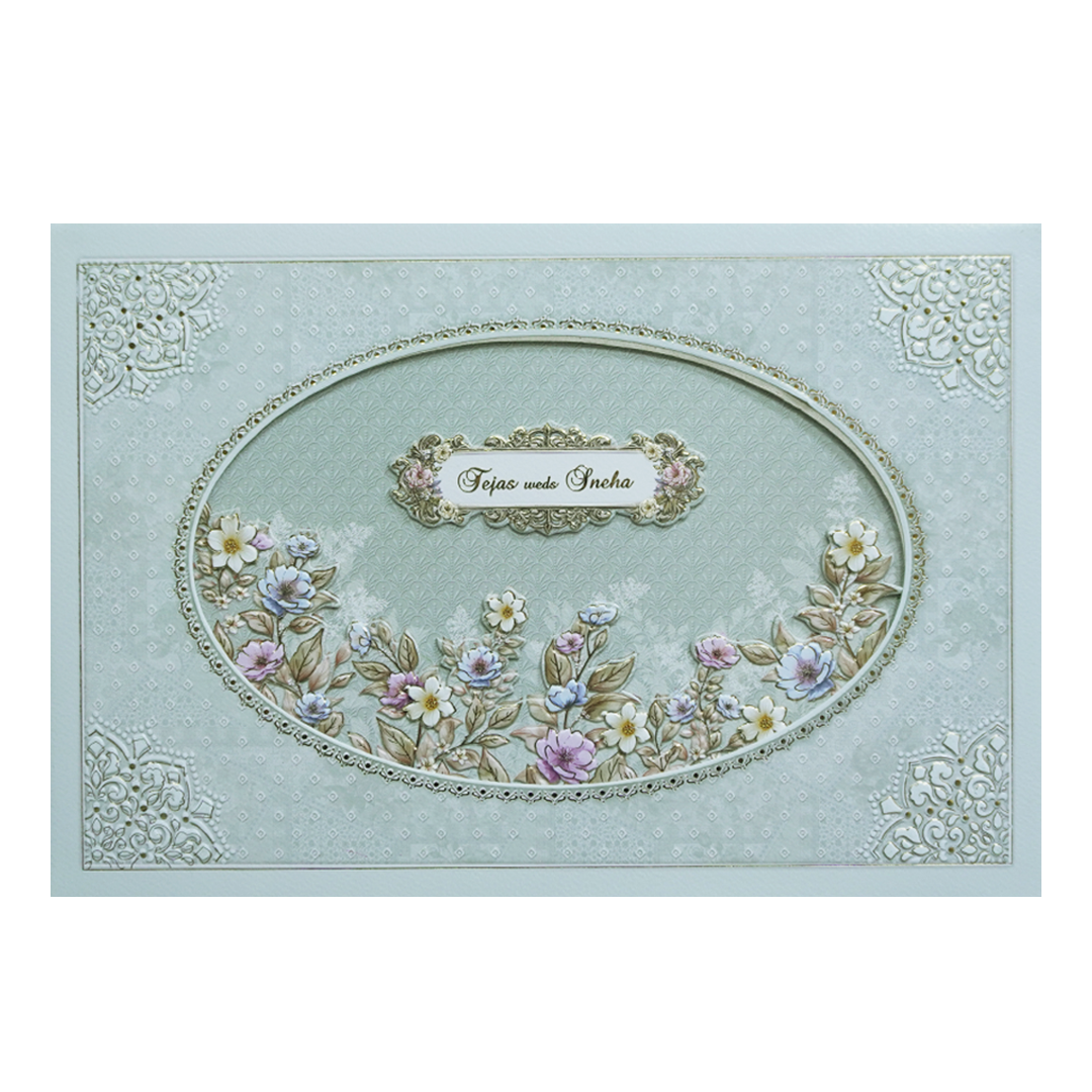 Green Laser Cut Padded Floral Embossed Wedding Card-KMMEX8090