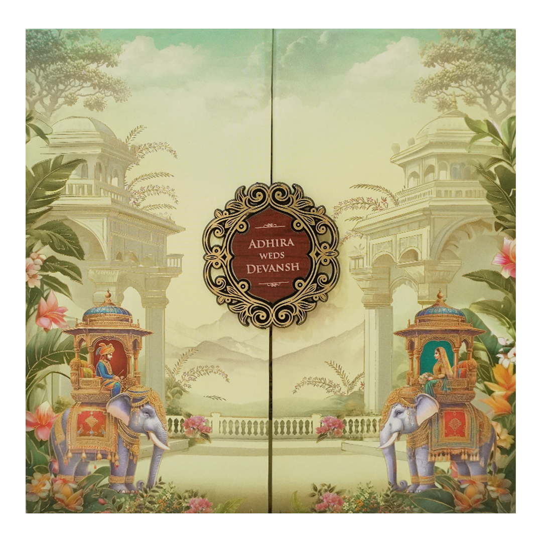 Royal Procession Elephant Padded Wedding Card - KSH72770