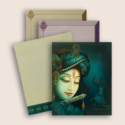 Blue Lord Krishna Padded Wedding Card - KAA06370
