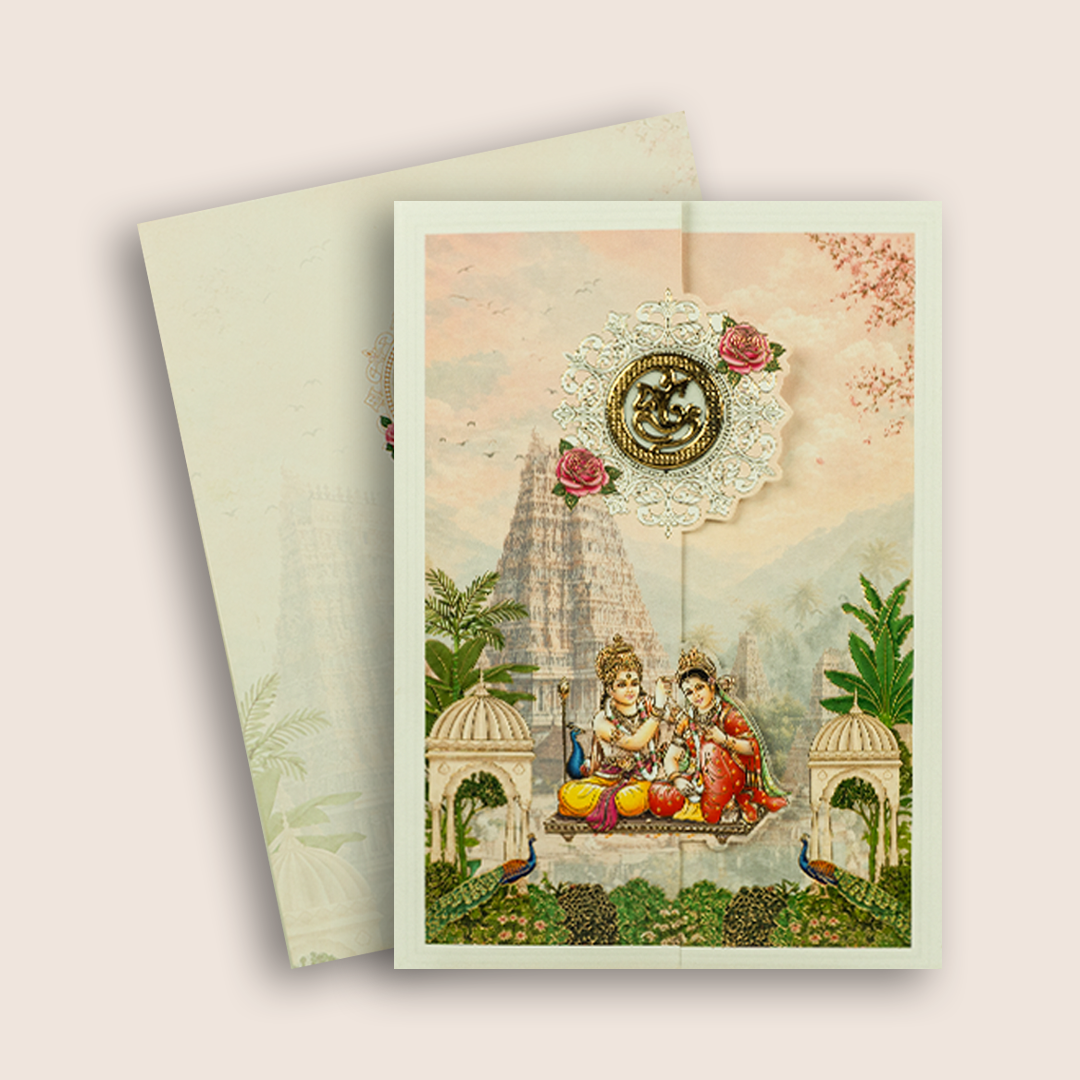 White Lord Karthikeya Temple Door Style Wedding Card - KNAR2410