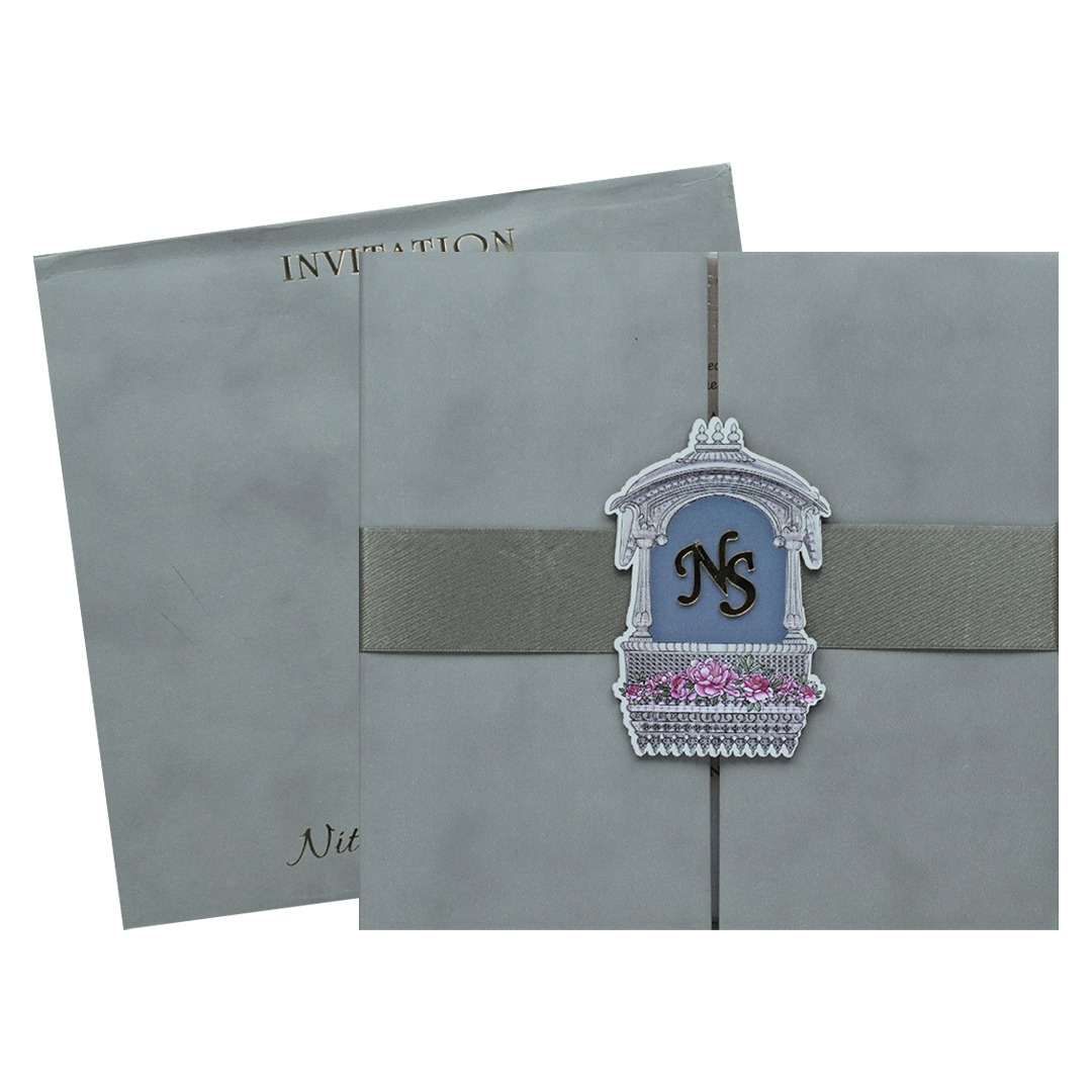 Blue Padded Floral Wedding Card-KRC31480