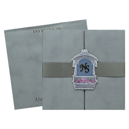 Blue Padded Floral Wedding Card-KRC31480